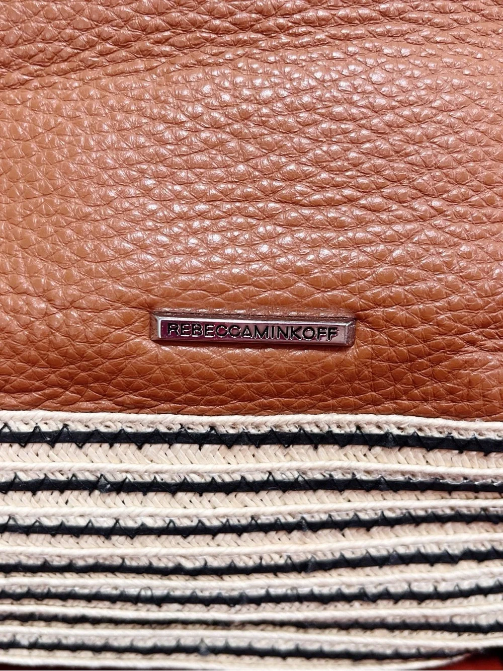 Rebecca Minkoff Cognac Brown Leather Raffia Backpack Purse Convertible Strap